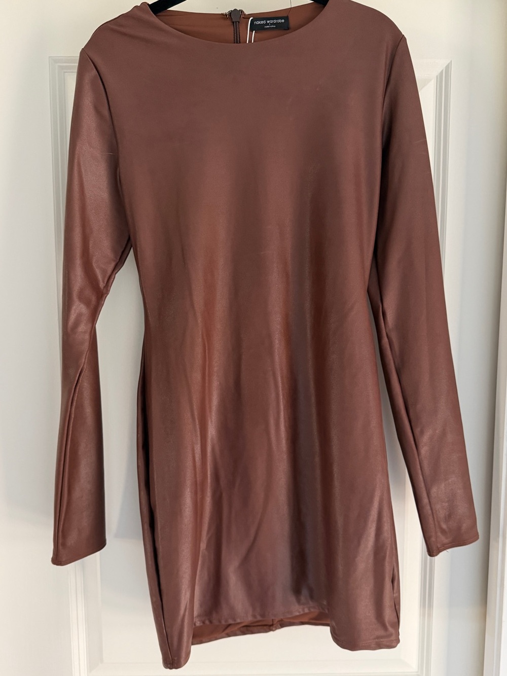naked wardrobe Brown Long-Sleeve Faux Leather Shift Dress